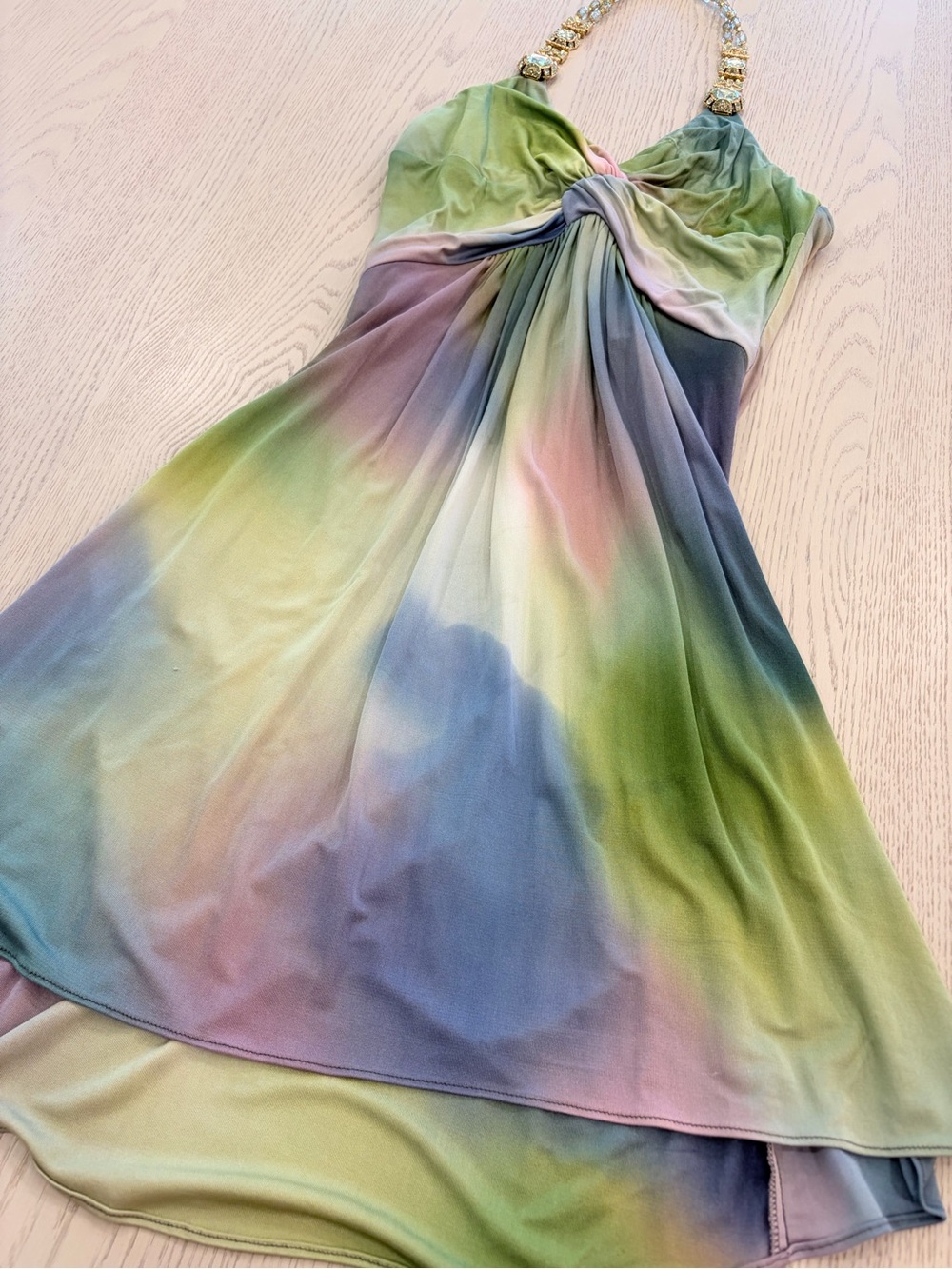 SKY Jeweled Halter Mini Dress Pastel Watercolor Twist Front Size Small - Picture 5 of 6